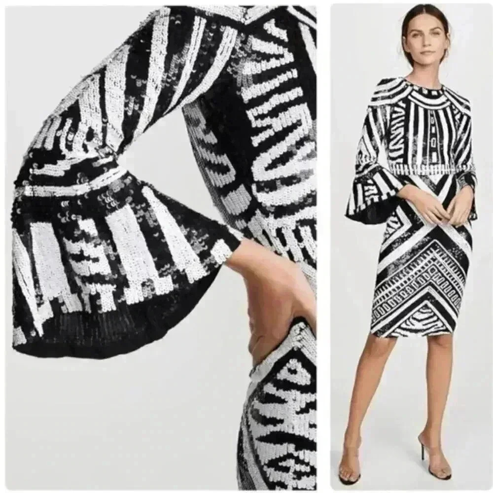 NWT Alice + Olivia Jae Sequin Fitted Cocktail Gown Dress Size 4 Black White - Picture 6 of 14